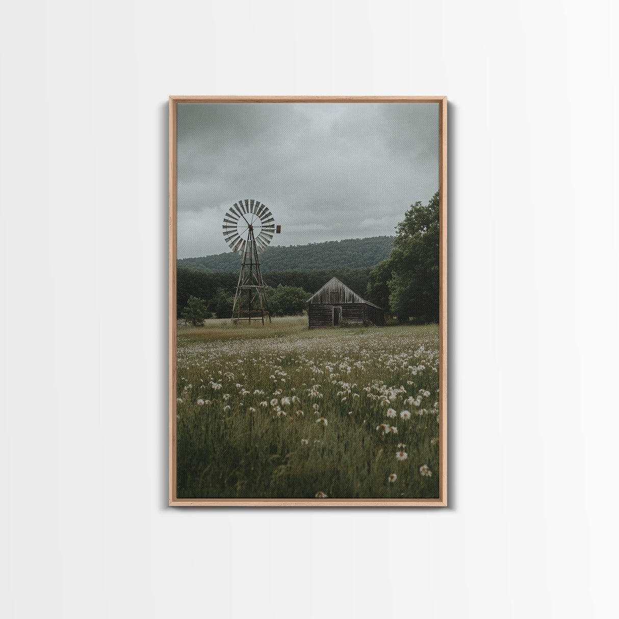 Framed Canvas Print Windmill Wall Art Rustic Barn Landscape Farmhouse Decor Above Couch Country Artwork Gift Idea Living Room Art