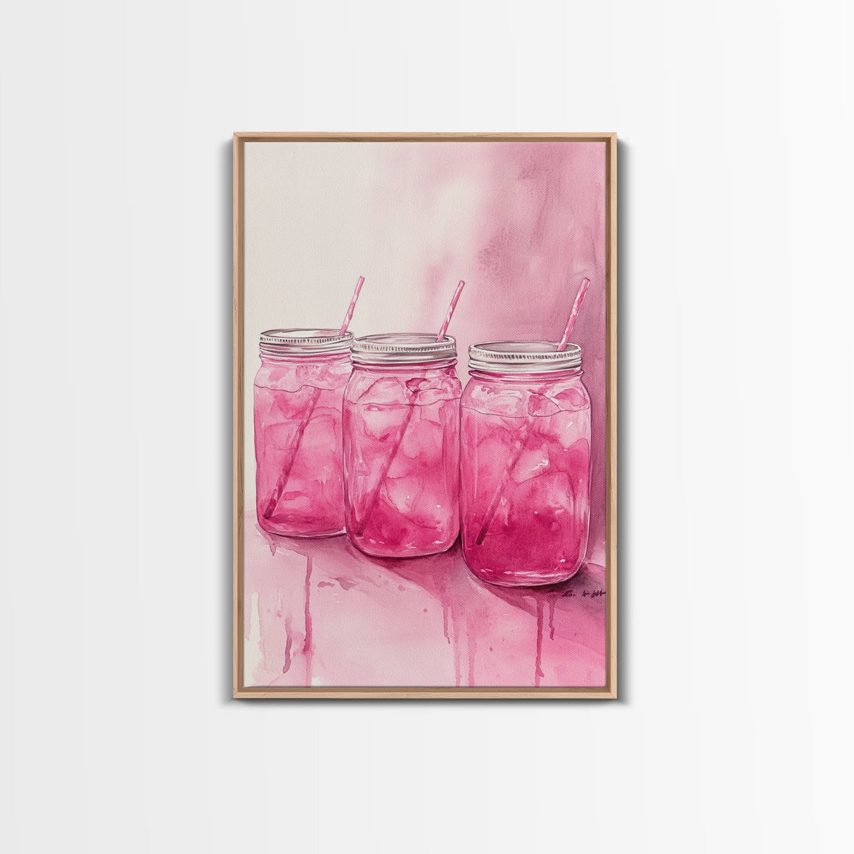 Pink Lemonade Jars Framed Canvas Print Food Review Kitchen Art Light Pink Wall Art Whimsical Art Rustic Decor Farmhouse Style