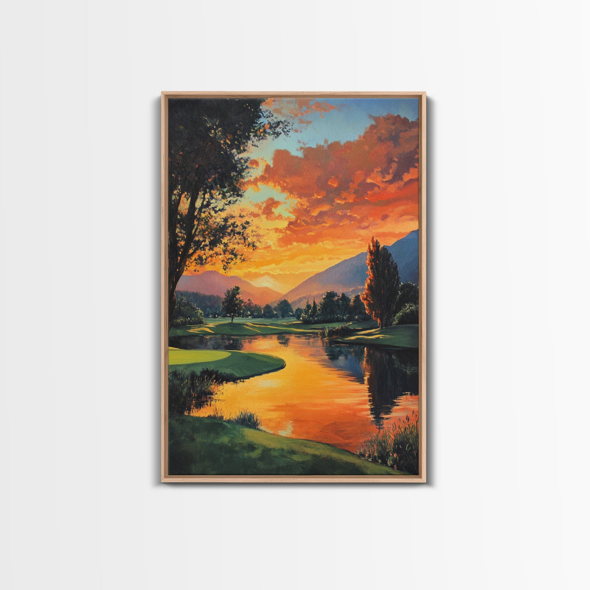 Golden Sunset Golf Framed Canvas Print, Landscape Wall Art, Rustic Horizontal Decor, Living Room Painting, Gift Idea for Him