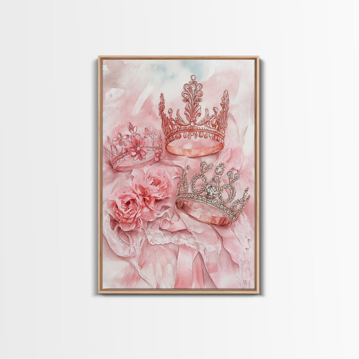 Elegant watercolor crowns and roses painting, framed canvas print, rose painting, goddess art print, chic pink wall art for living room