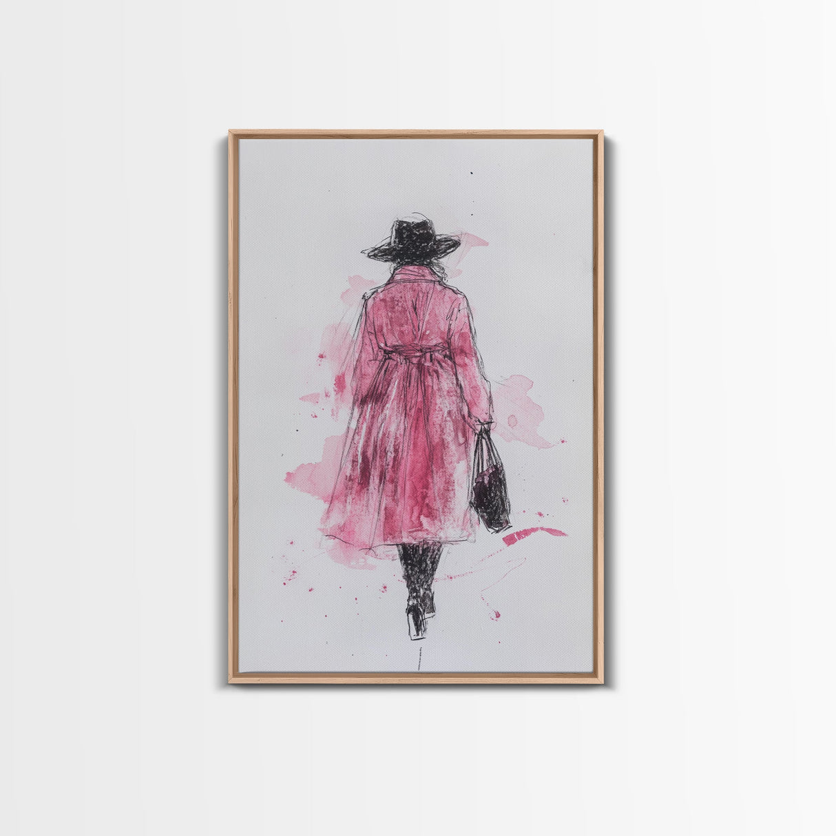 Woman in Coat Framed Canvas Print Light Pink Wall Art Moody Minimalist Fashion Illustration Rustic Aesthetic Unique Gift Idea