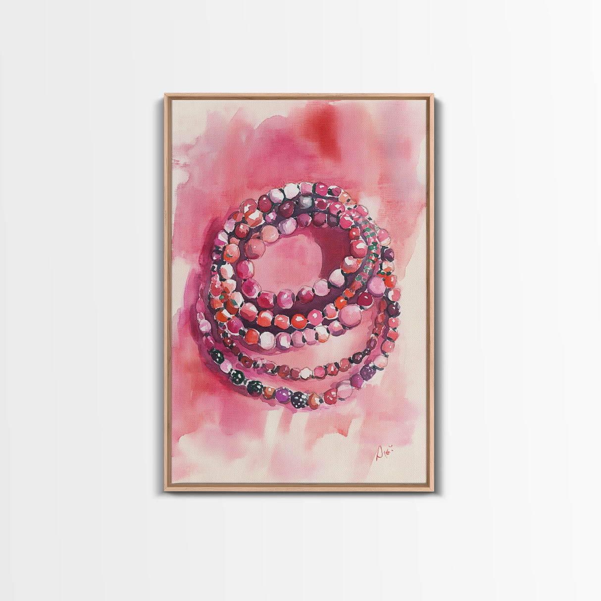 Vibrant gemstone bracelet painting with framed canvas print, gemstone painting, pink abstract art, moody art, living room decor