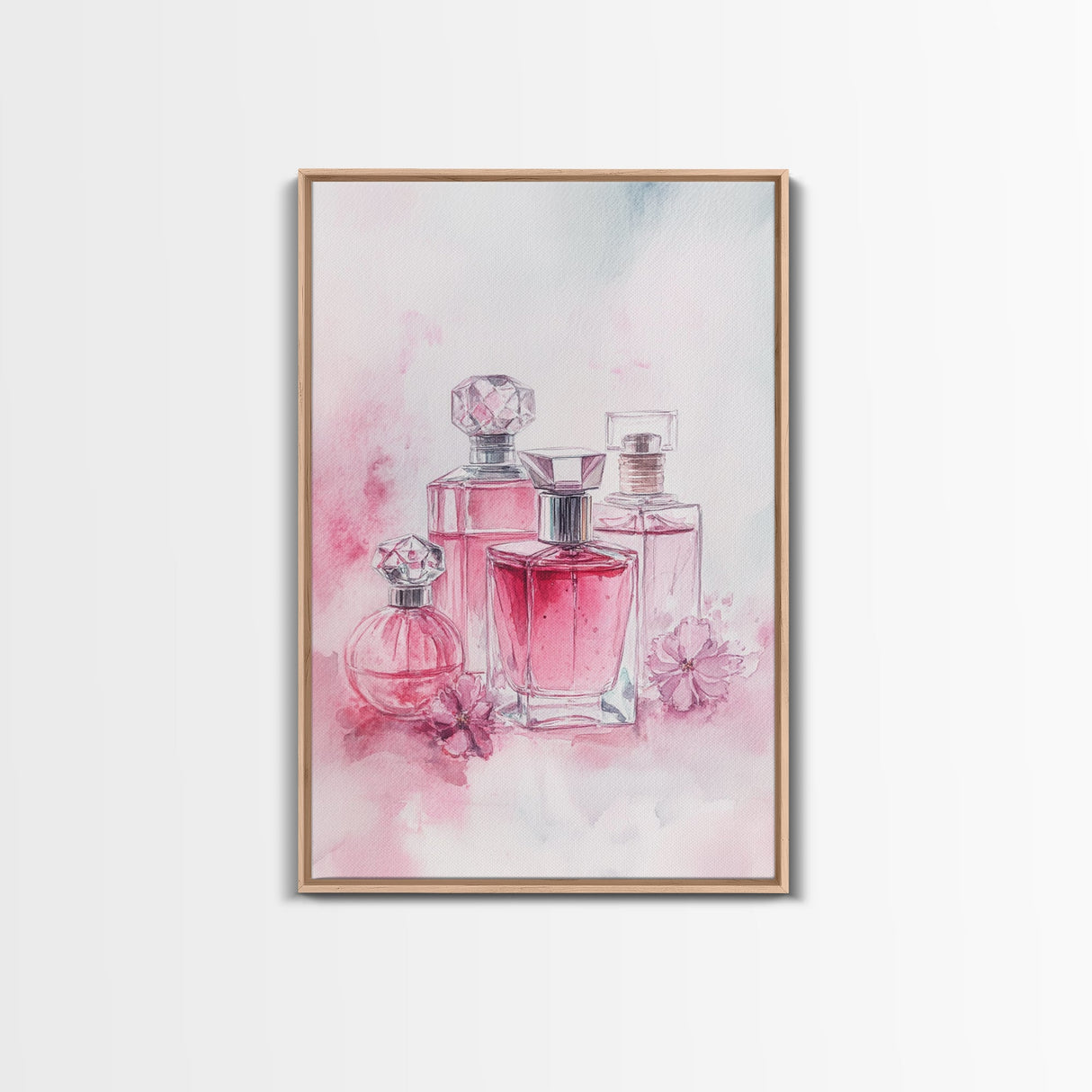 Elegant Pink Perfume Bottles Framed Canvas Print, Feminine Bathroom Art Light Pink Decor, Whimsical Gift Idea for Her Room