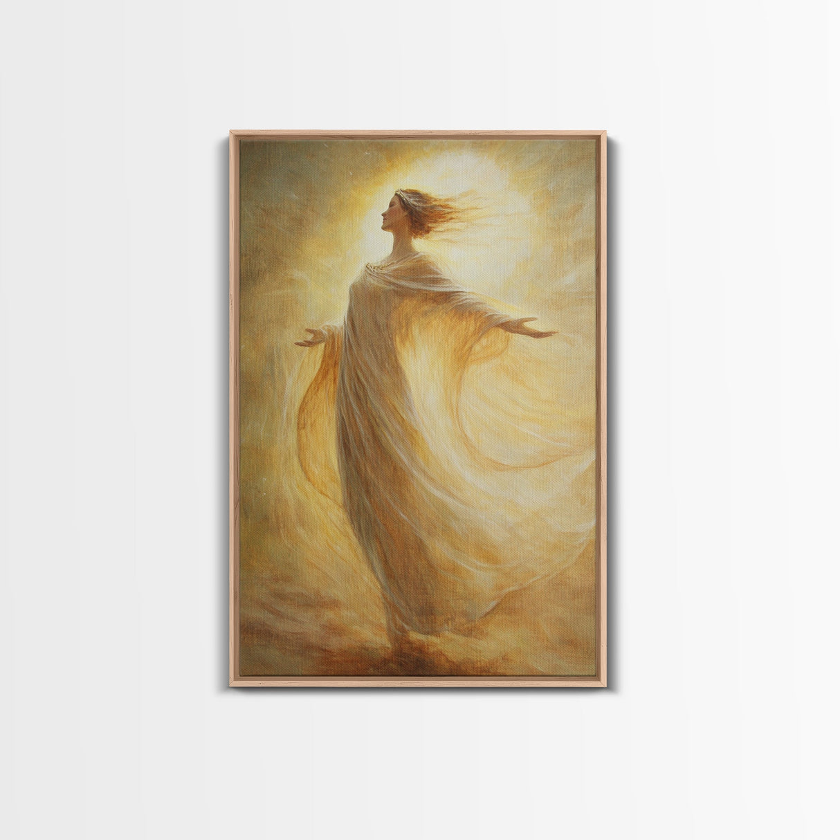 Radiant Golden Goddess Canvas Print, Stunning Angel Art Prints in Moody Style, Perfect Above Bed or as Warm Bedroom Wall Art