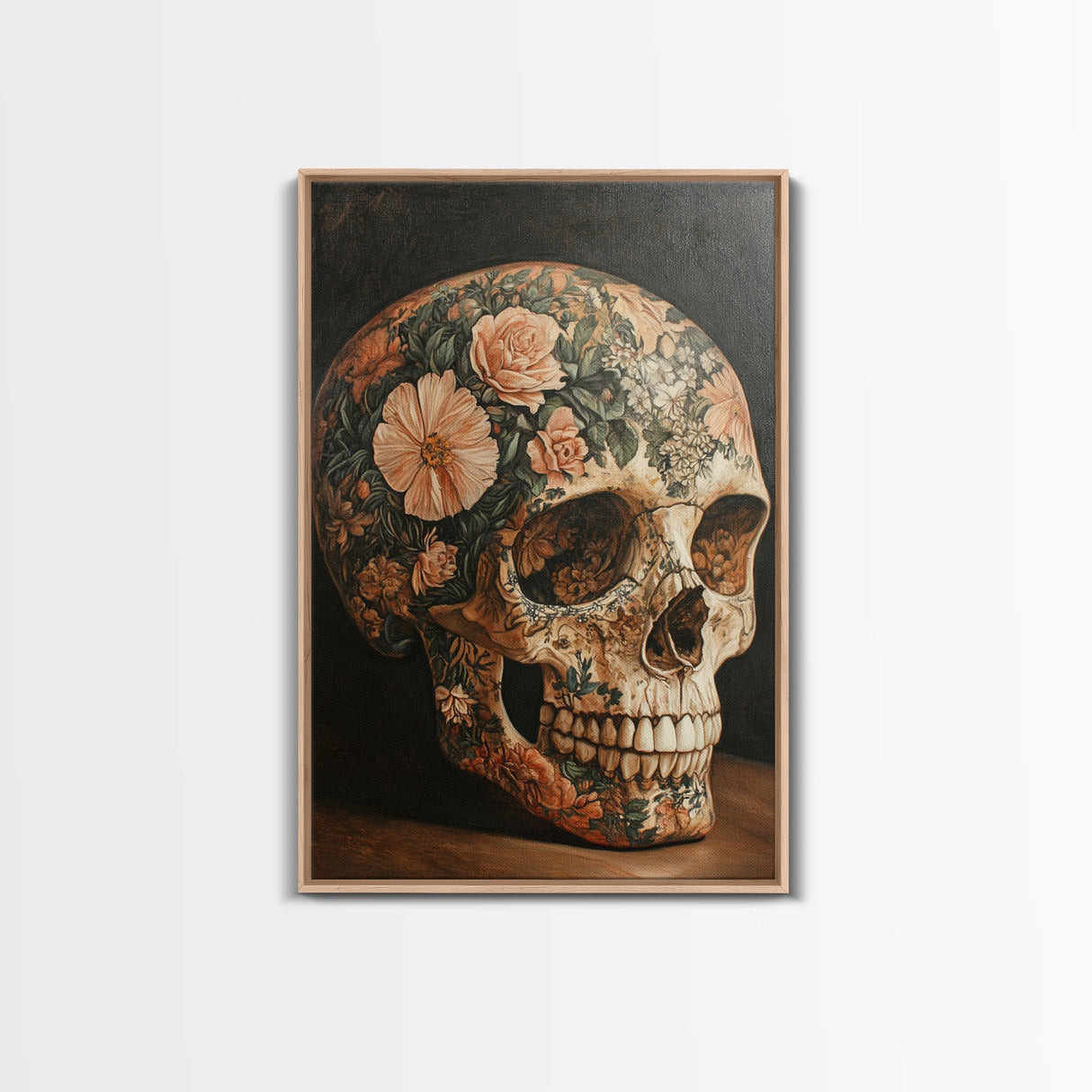 Skull Art Framed Canvas Print Featuring Floral Boho Design in Rustic Chinoiserie Style, Gothic Bedroom Art and Halloween Wall Decor
