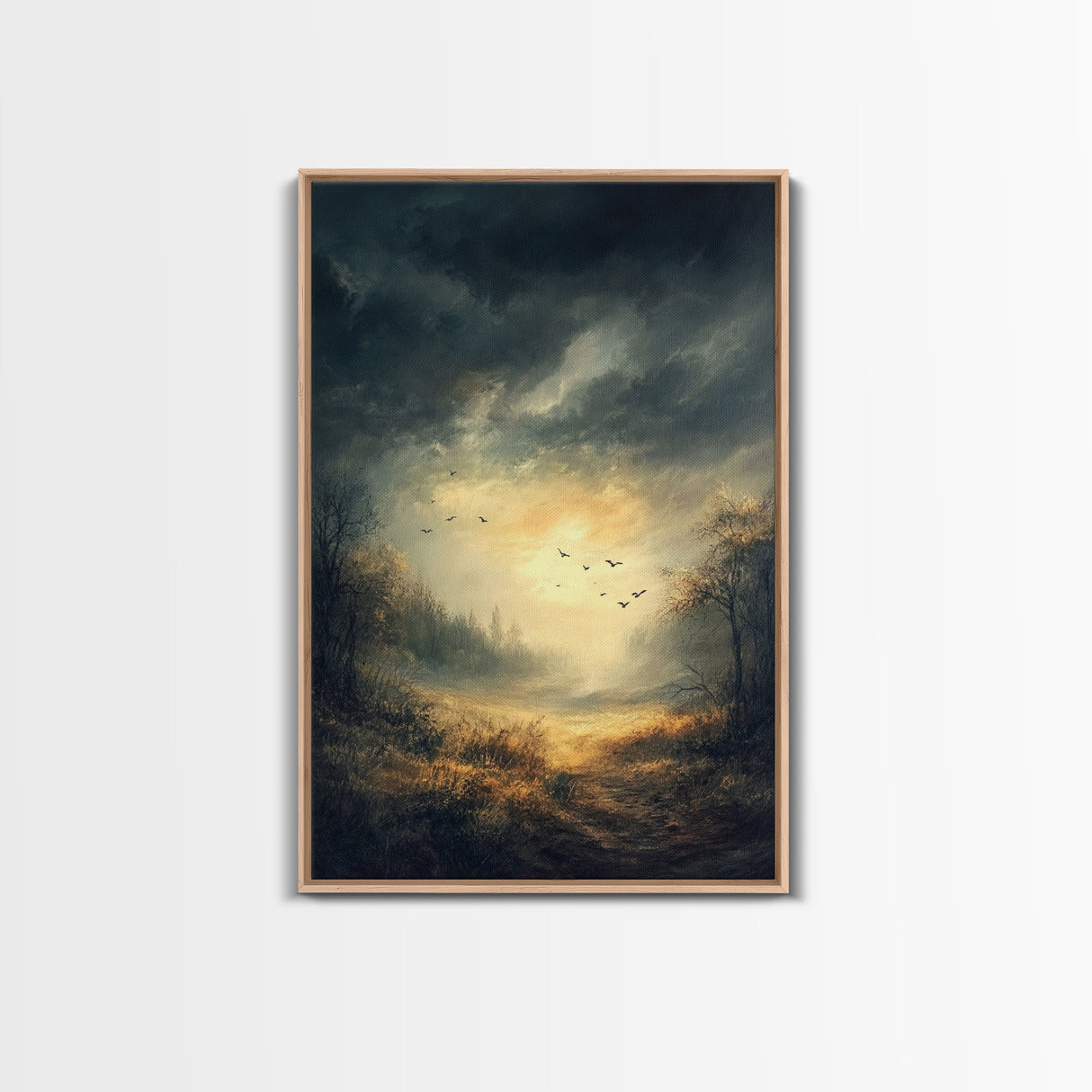Landscape Painting Framed Canvas Print Featuring Sunset Over Autumn Forest with Dark Romantic Smoky Mountain Art and Rustic Decor