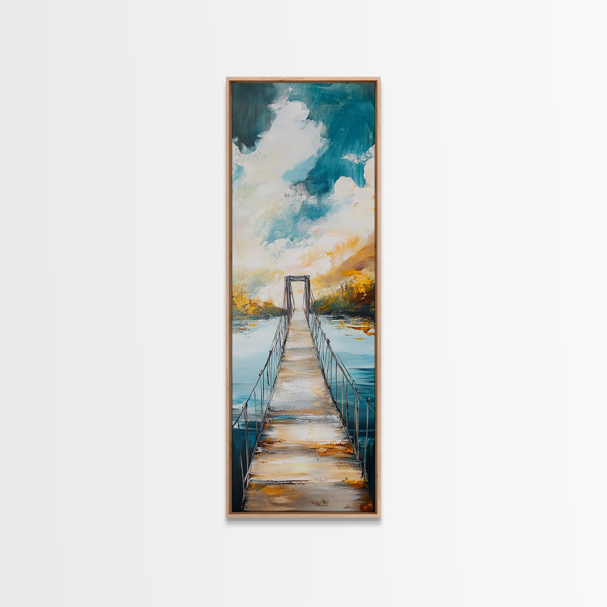 Bridge Over Water, rustic decor, wabi sabi art, boho art, tall skinny art, extra wide art, Framed Canvas Print, farmhouse art