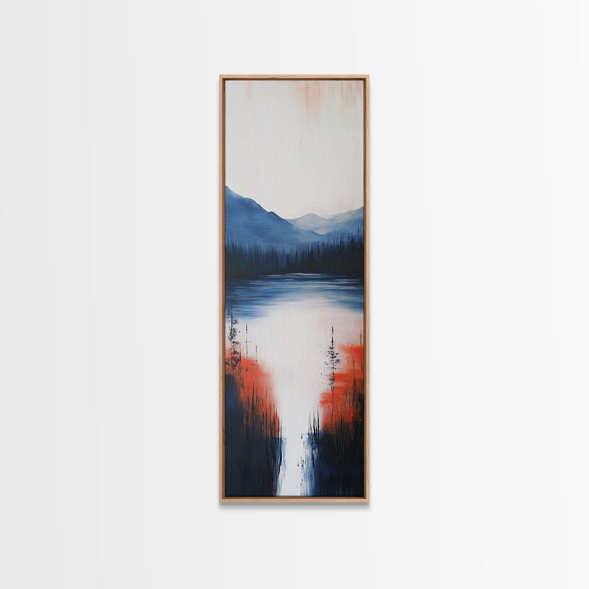Misty Lake, smoky mountain art, landscape painting, wabi sabi wall art, moody art, blue and green wall art, Framed Canvas Print