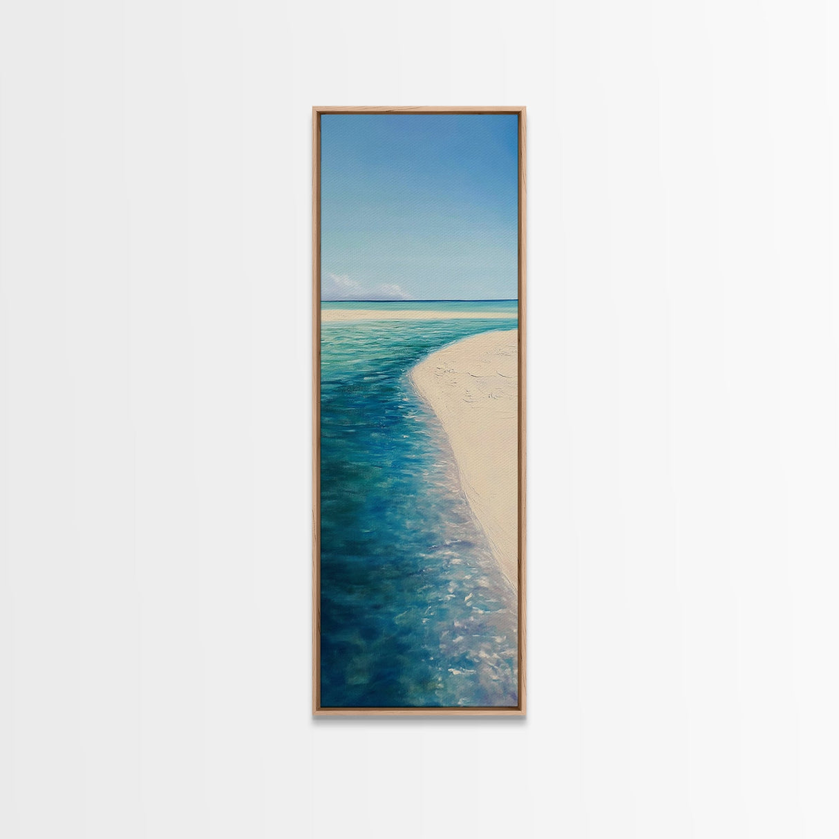 Tropical Shoreline, coastal painting, ocean landscape, blue and green wall art, framed canvas print, nautical decor, seascape art