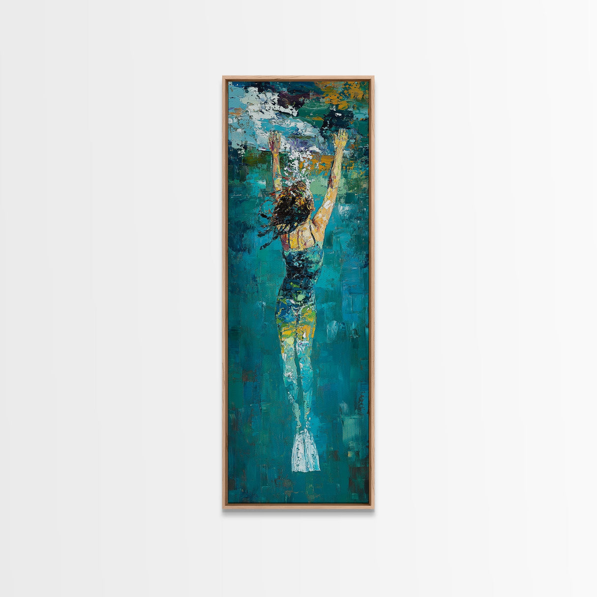 Woman Swimming, Coastal Painting, Framed Canvas Print, Surf Wall Art, Ocean Art, Blue and Green Wall Art, Abstract Art