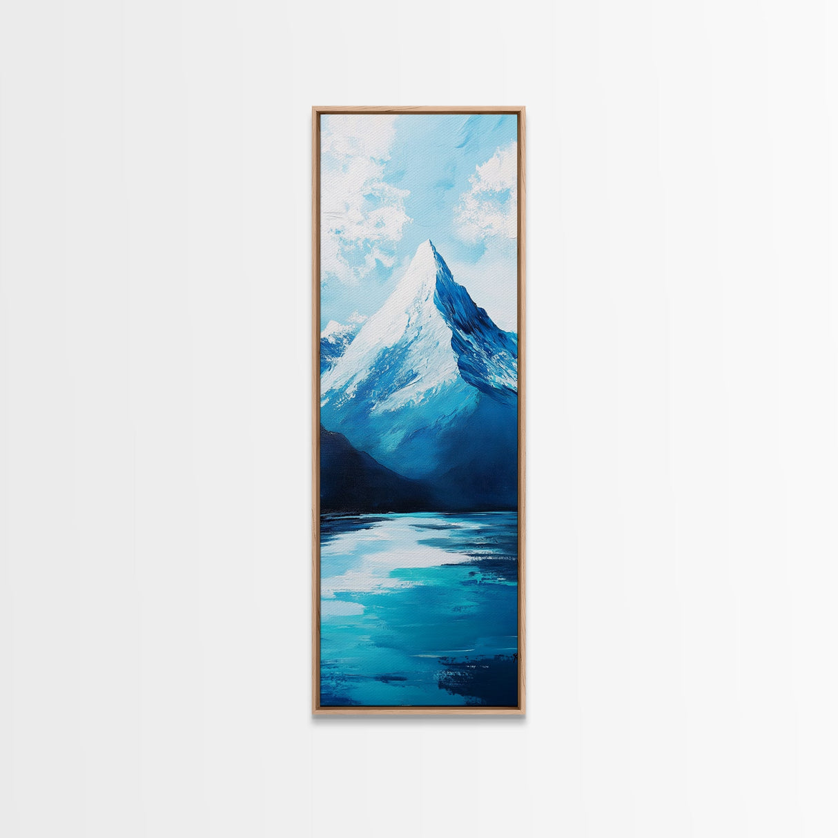 Snowy peak, mountain painting, landscape painting, blue and green wall art, panoramic art, framed canvas print, above sofa art