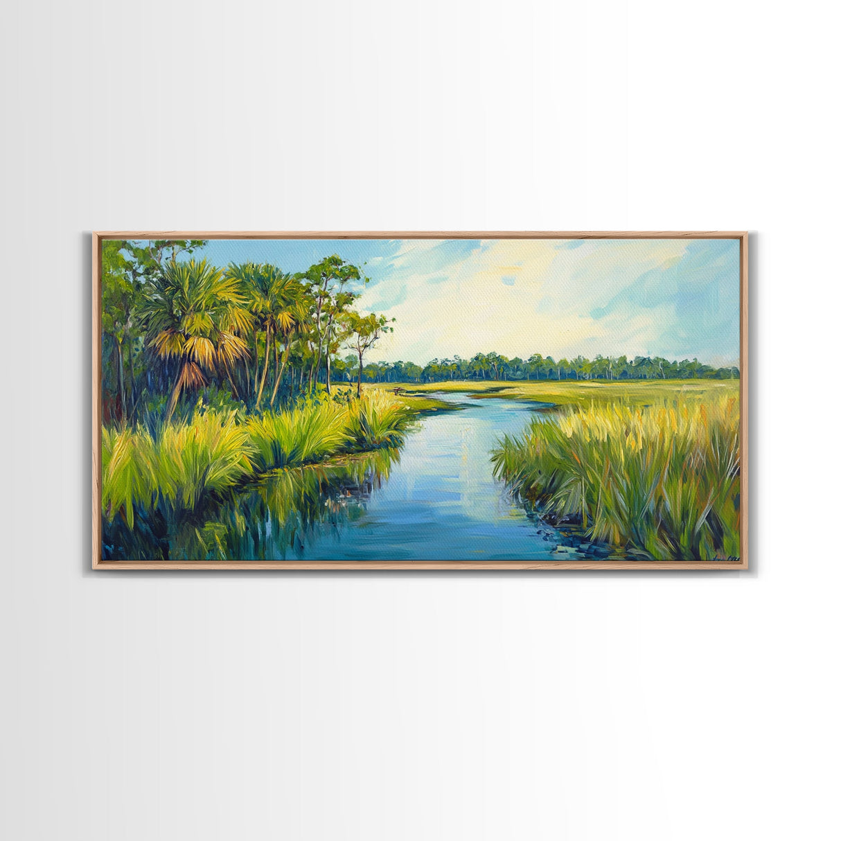 Marshland View, palm tree painting, tropical landscape, coastal decor, green wall art, rustic wall art, Framed Canvas Print