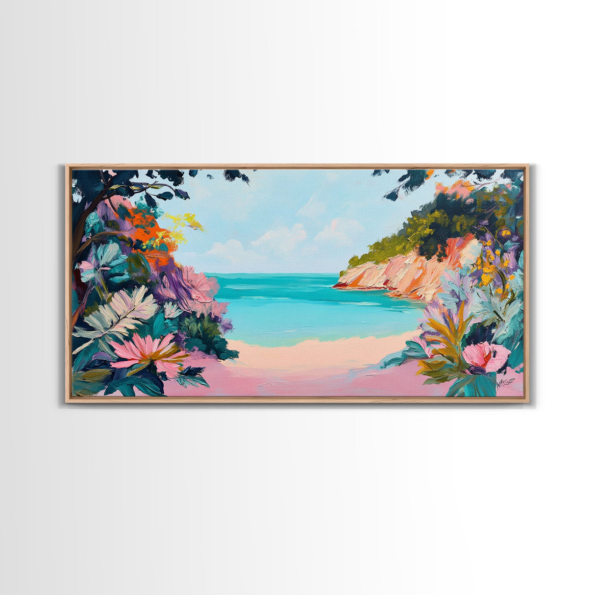 Tropical Beach, coastal wall art, Hawaii art, pink orange wall art, extra wide art, panoramic painting, framed canvas print