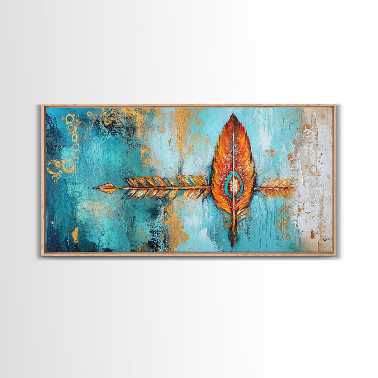 Tribal Arrow, Framed Canvas Print, geometric wall art, teal wall art, sacred geometry wall art, boho art, extra wide art