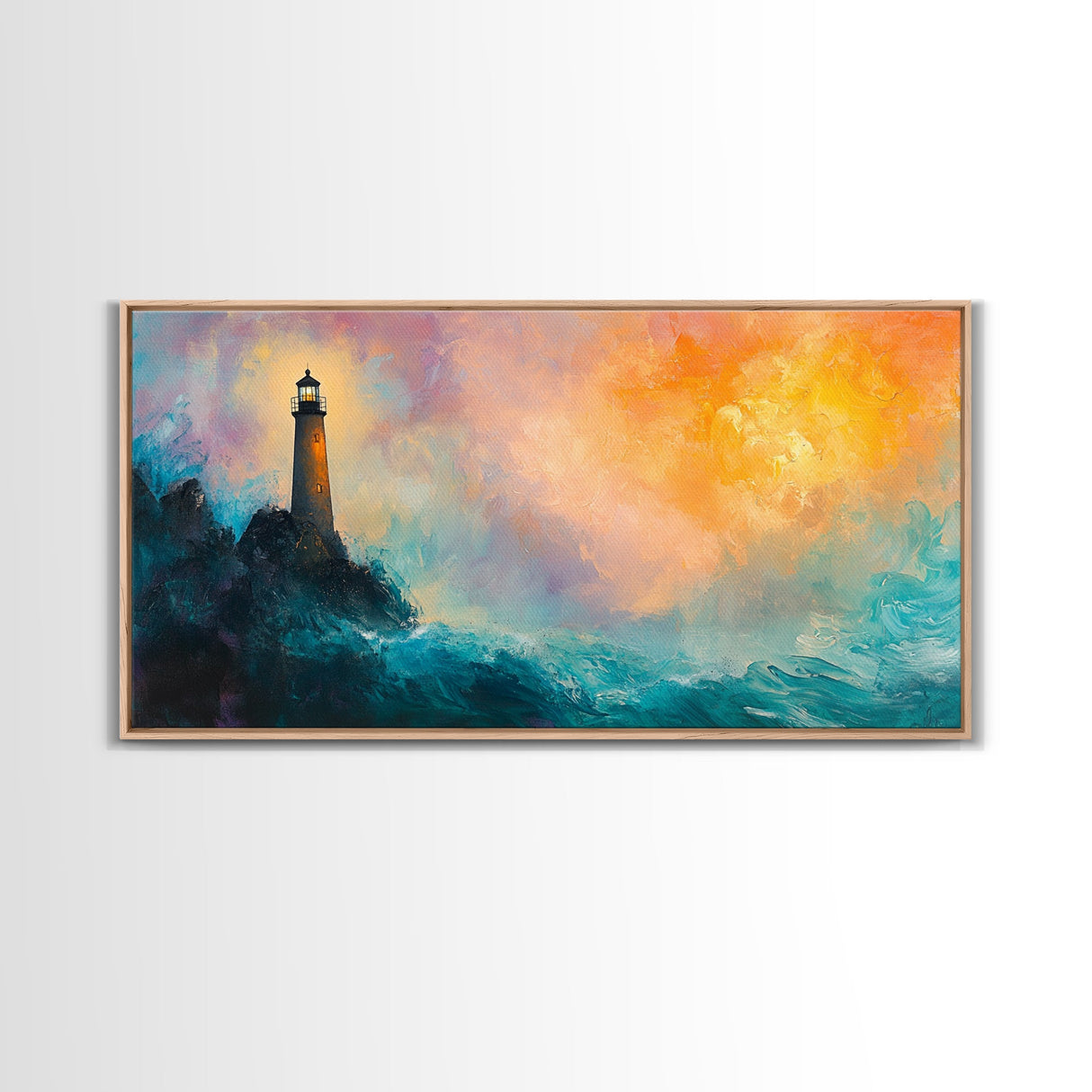 Lighthouse Sunset, coastal painting, nautical wall art, seascape painting, lighthouse art, framed canvas print, panoramic art