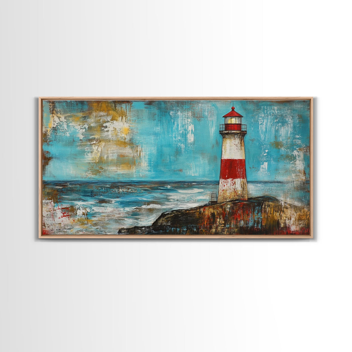 Red Lighthouse, nautical painting, coastal wall art, beach house decor, ocean painting, framed canvas print, above couch art