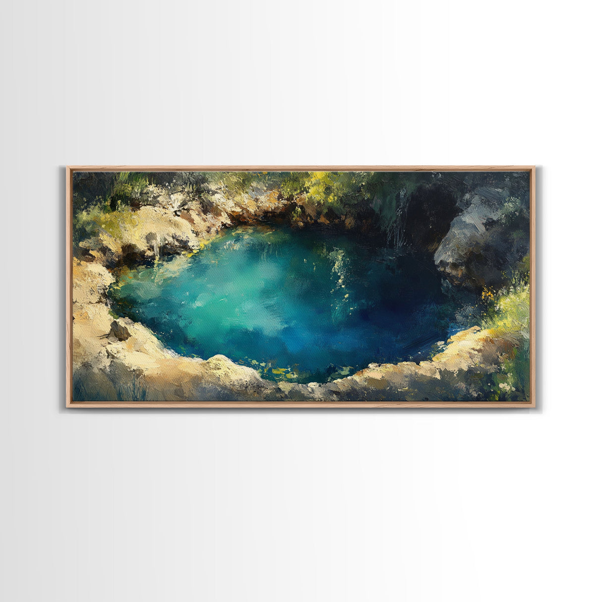 Hidden Lagoon Painting, landscape painting, blue and green wall art, wabi sabi wall art, framed canvas print, nature painting