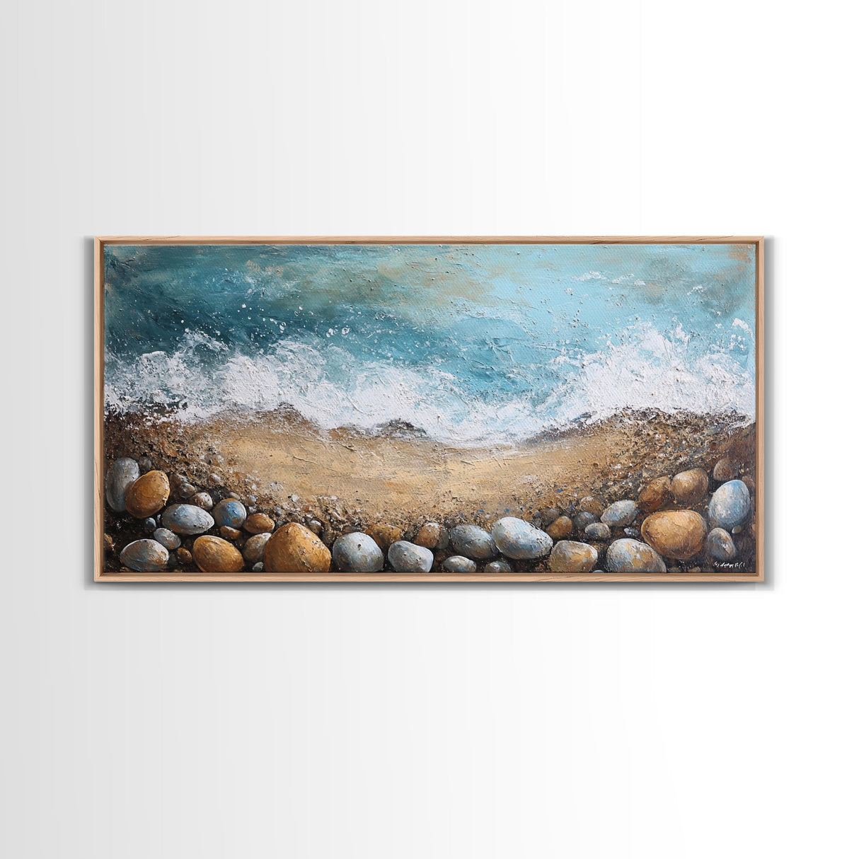Oyster painting, coastal decor, framed canvas print, seascape painting, nautical wall art, extra wide art, textured beach painting