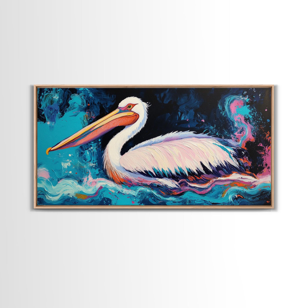 Bird art, pelican painting, framed canvas print, coastal decor, extra wide art, tropical painting, colorful abstract wall art