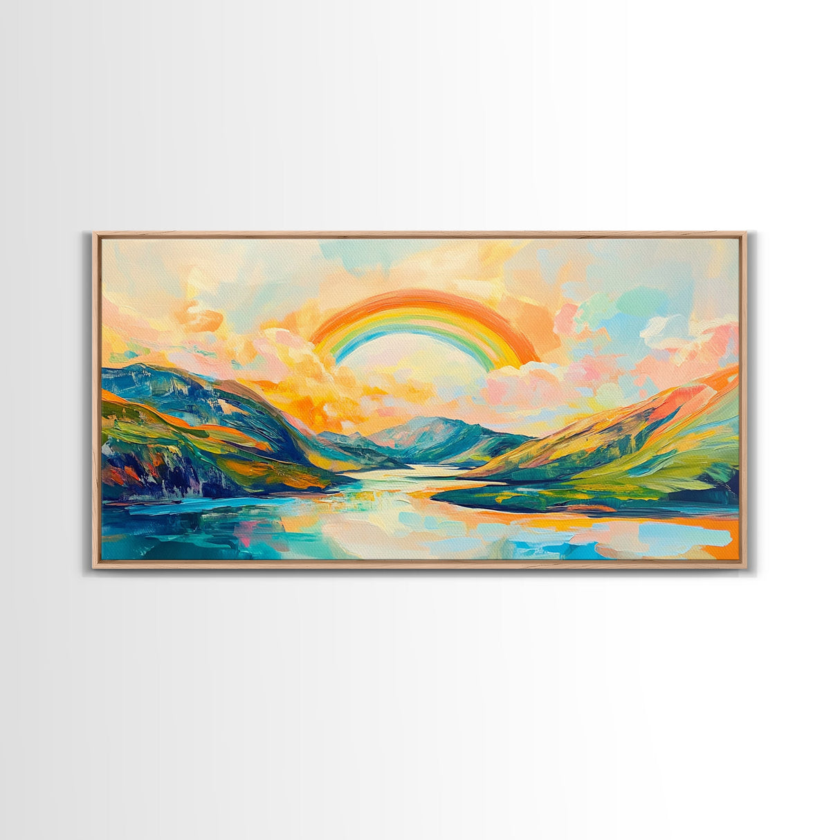 Rainbow Over Mountains, landscape painting, panoramic art, framed canvas print, extra wide art, mountain painting, colorful art