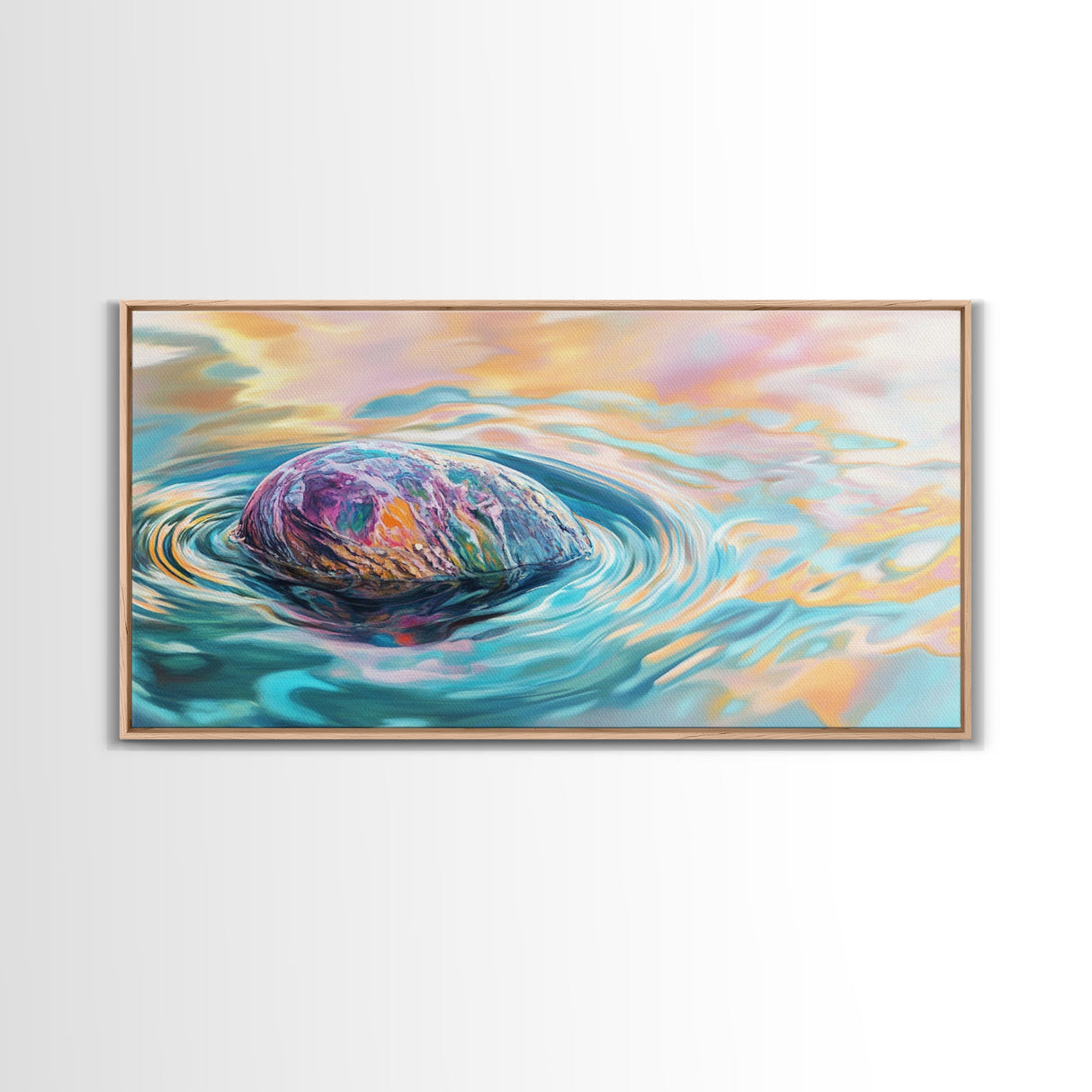 Floating Rock Art, surreal ocean painting, teal wall art, light pink wall art, moody art, nautical wall art, framed canvas print