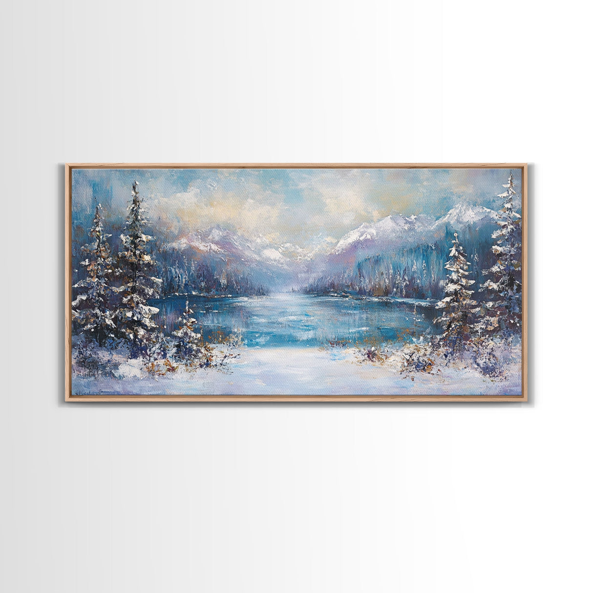 Lake Tahoe Art, Snowy Landscape, Winter Cabin Decor, Framed Canvas Print, Blue and Green Wall Art, Horizontal Wall Art