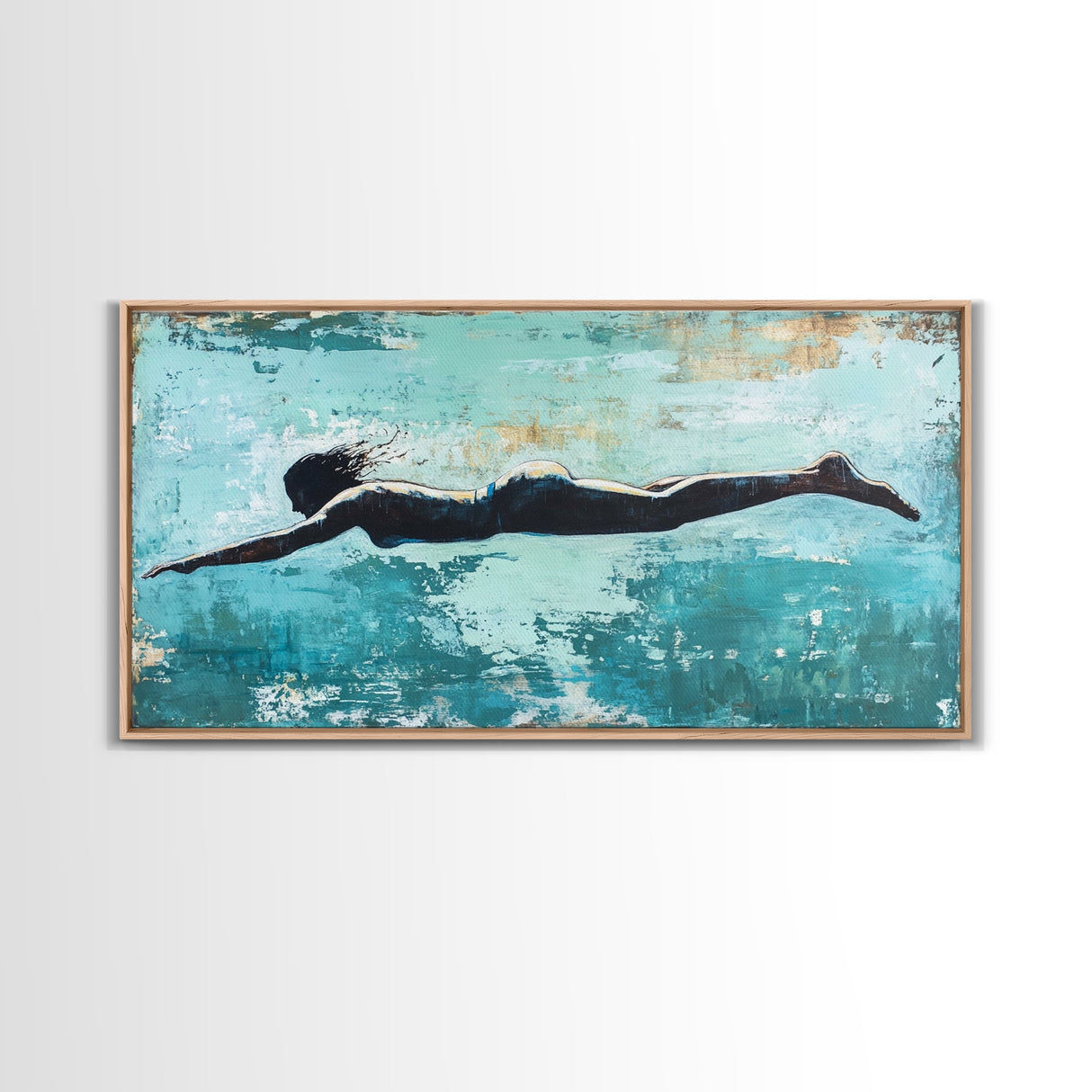 Woman Swimming, teal wall art, moody art, minimalist art, extra wide art, coastal decor, beach house art, Canvas Print