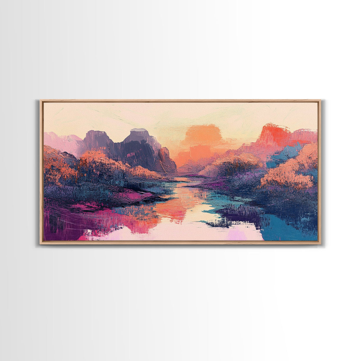 Sunset Landscape, Pink Orange Wall Art, Moody Art, Southwest Wall Art, Extra Wide Art, Horizontal Wall Art, Framed Canvas Print, Above Bed Art