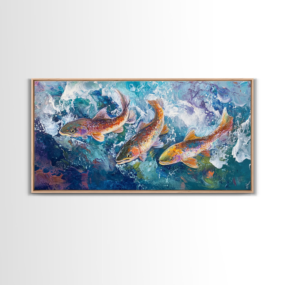 Koi Fish Painting, Framed Canvas Print, fly fishing art, trout art, extra wide painting, colorful fish painting, panoramic art