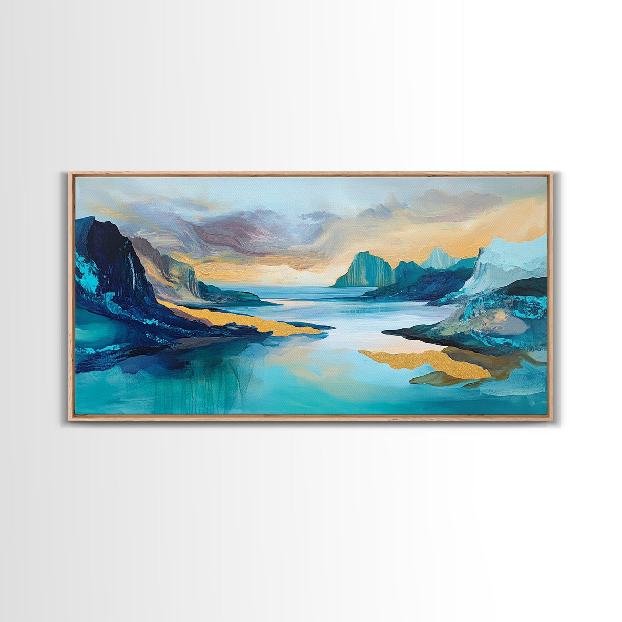 Serene Fjord, mountain painting, lake Tahoe art, blue and green wall art, panoramic painting, extra wide art, Framed Canvas Print, above sofa art