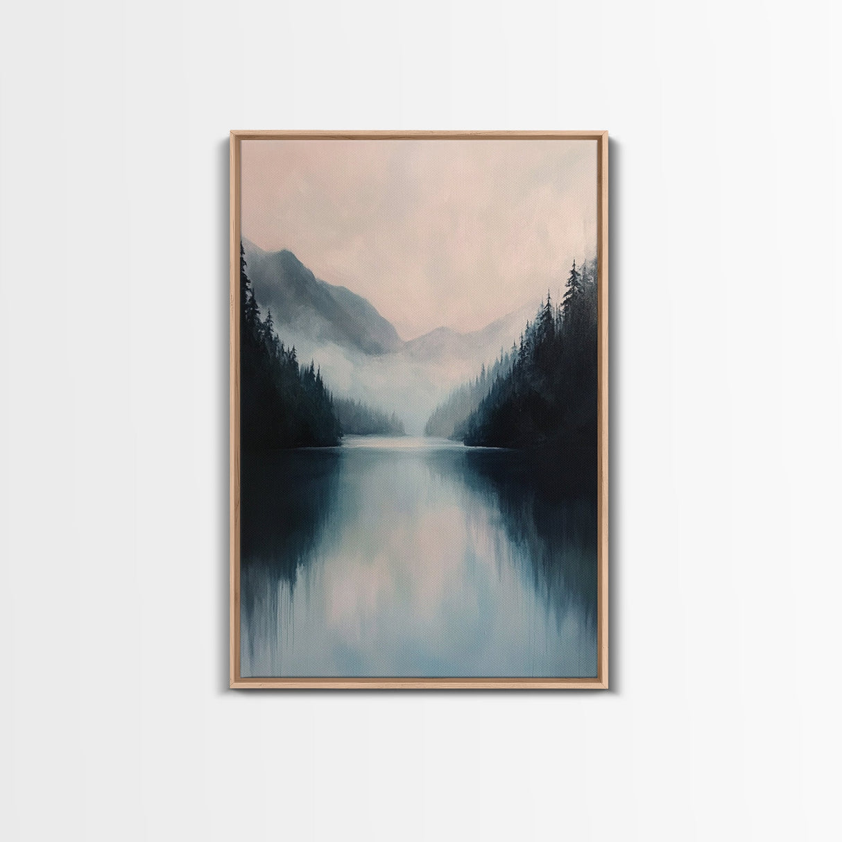 Misty Lake, mountain painting, smoky mountain art, panoramic painting, blue and green wall art, framed canvas print, moody art