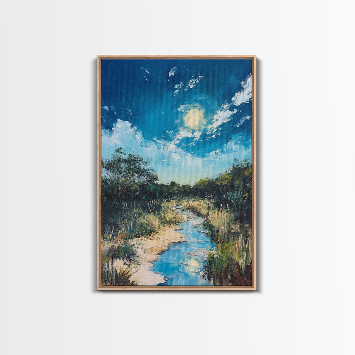 Moonlit Marsh, Moody Art, Coastal Landscape Art, Blue and Green Wall Art, Rustic Wall Art, Framed Canvas Print, Gift Idea