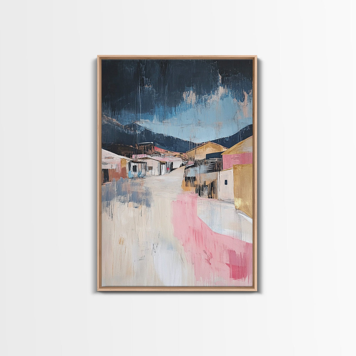 Desert Village, southwest wall art, moody art, warm tones, rustic decor, Joshua tree art, framed canvas print, abstract landscape
