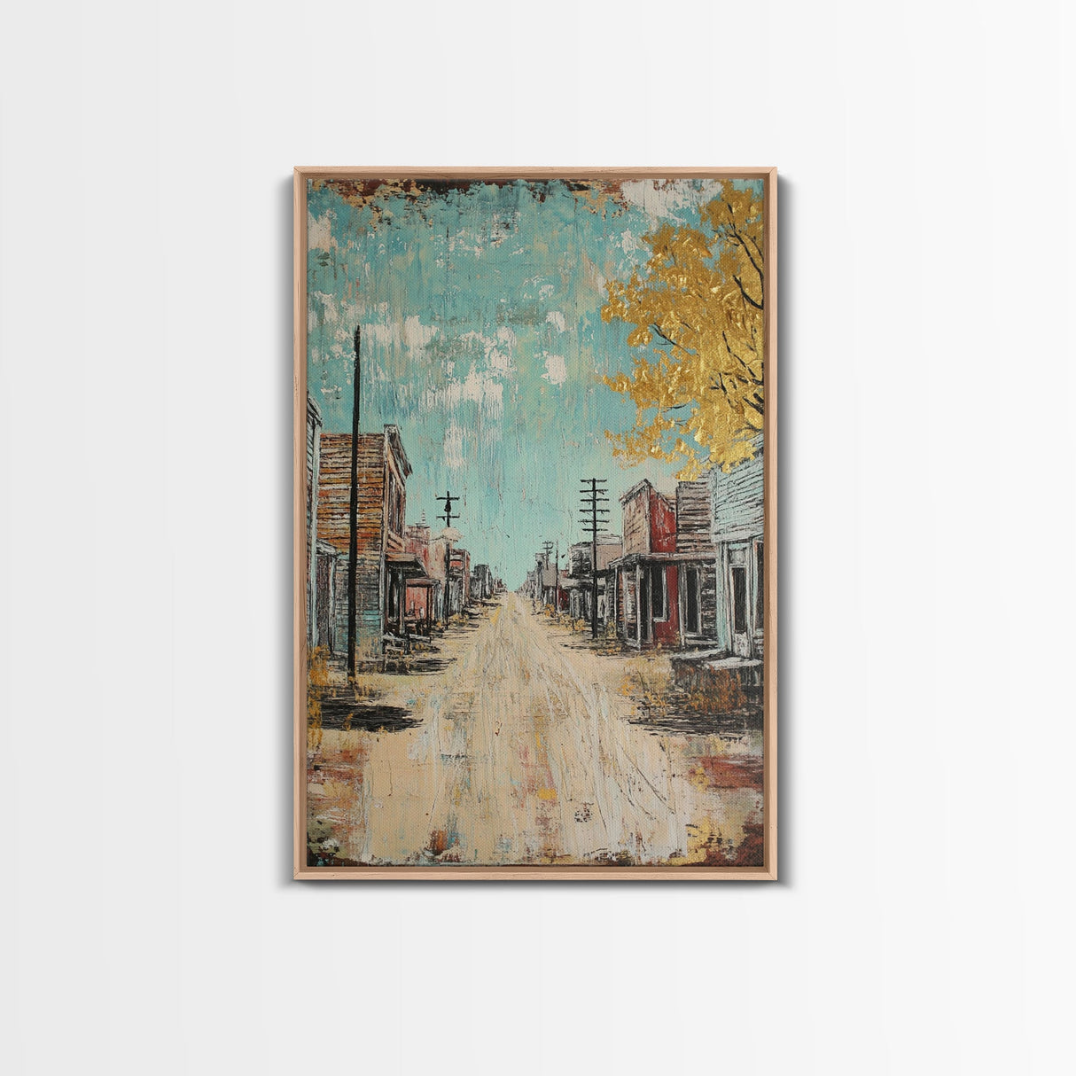 Western Town Scene, rustic wall art, farmhouse art, vintage horse art, southwest wall art, Framed Canvas Print