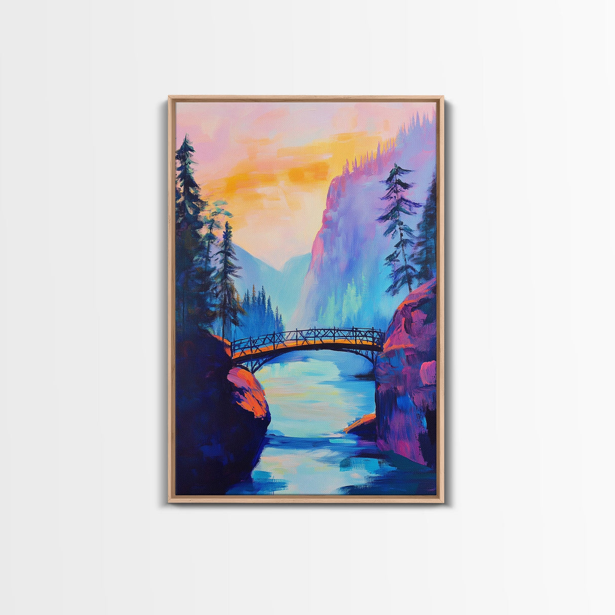 Vibrant Mountain Bridge, pink orange wall art, forest at dusk painting, landscape painting, above bed wall art, Canvas Print