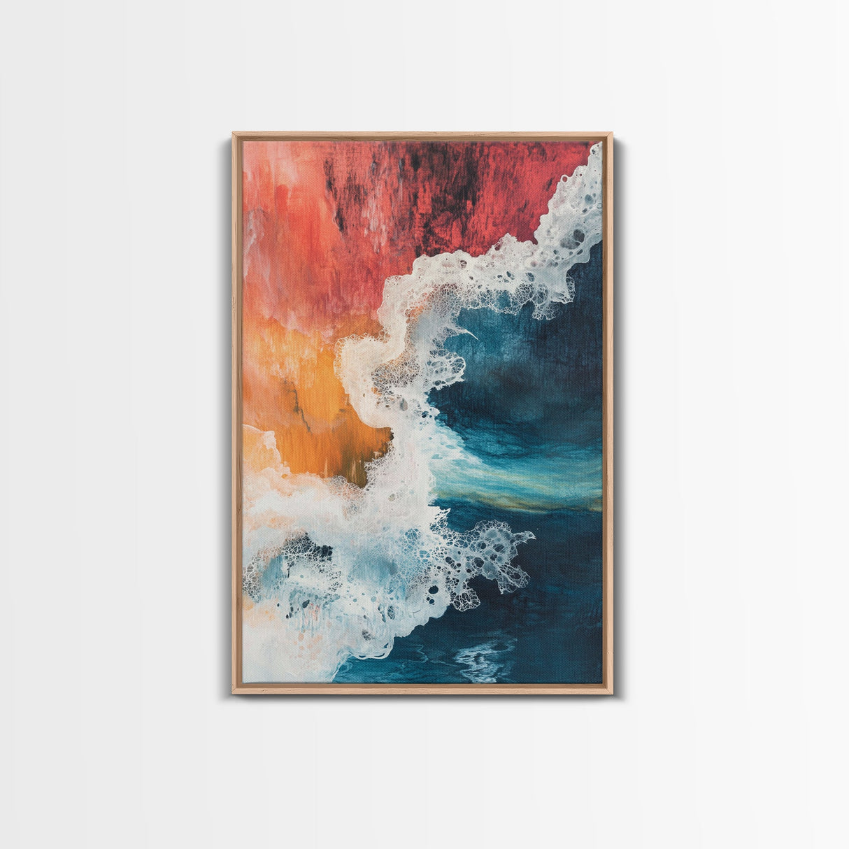 Fiery Ocean Wave, pink orange wall art, coastal landscape art, teal wall art, moody art, ocean abstract art, Framed Canvas Print