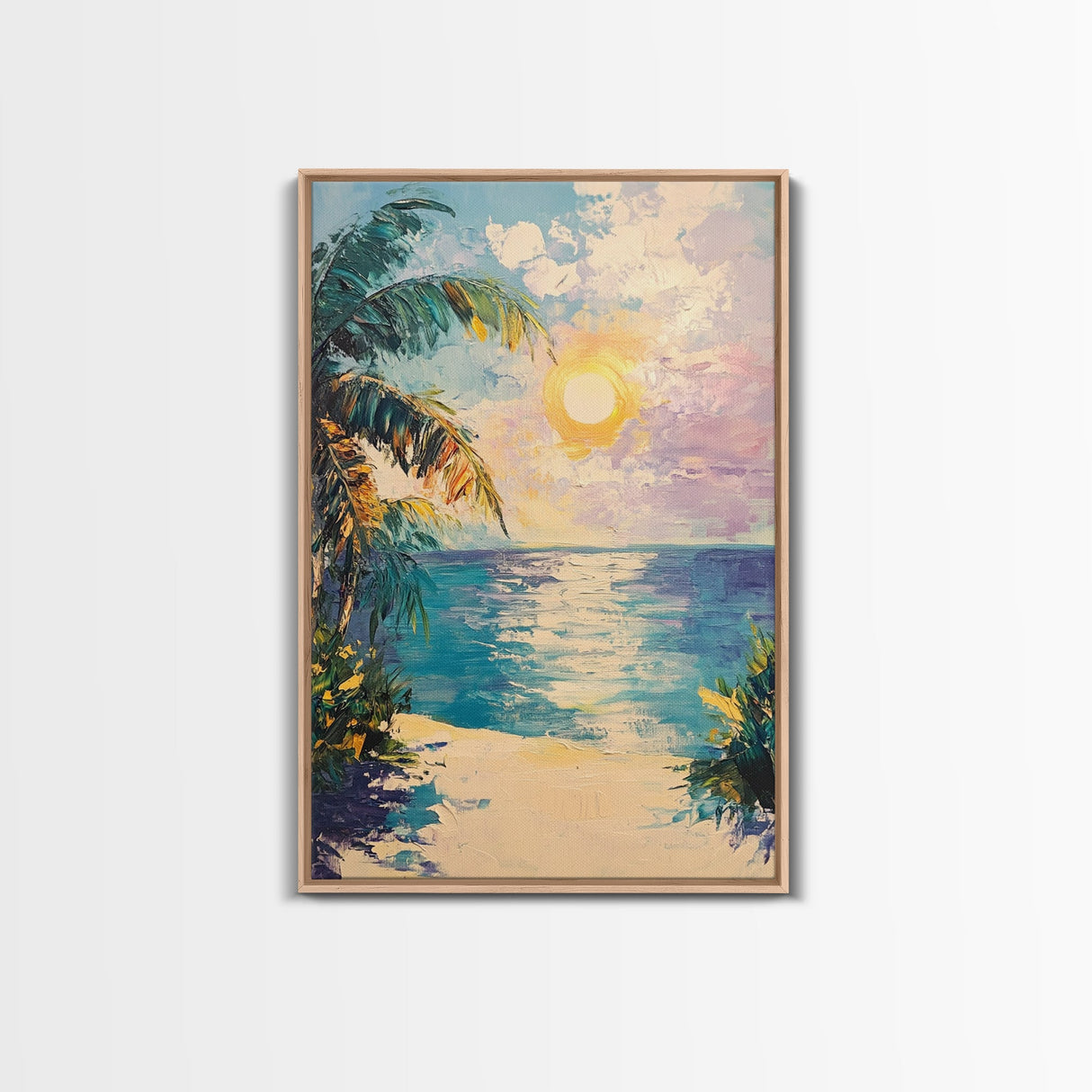 Tropical Beach Sunset, coastal cowgirl wall art, palm tree painting, beach scene, framed canvas print, bedroom art, nautical painting