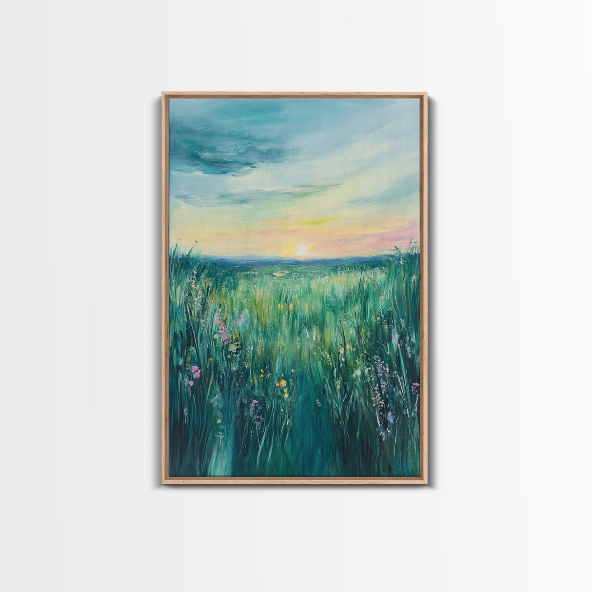Wildflower Field, wildflower painting, botanical prints, pink orange wall art, bedroom art, Framed Canvas Print, farmhouse art