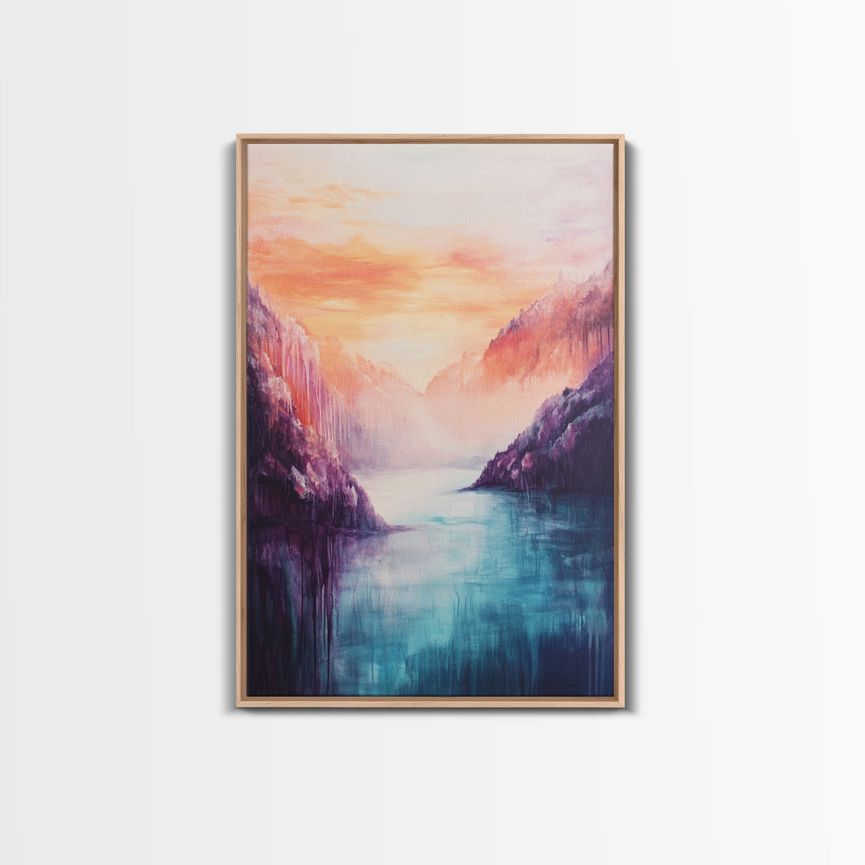 coastal decor, mountain painting, pink orange wall art, sunrise painting, landscape painting, Framed Canvas Print, abstract wall art