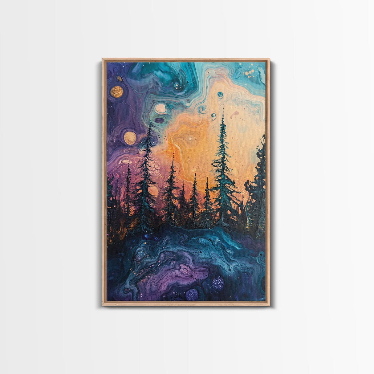 Cosmic Trees, forest at dusk painting, pine tree art, fantasy landscape, moody art, celestial wall art, mystical art, canvas print
