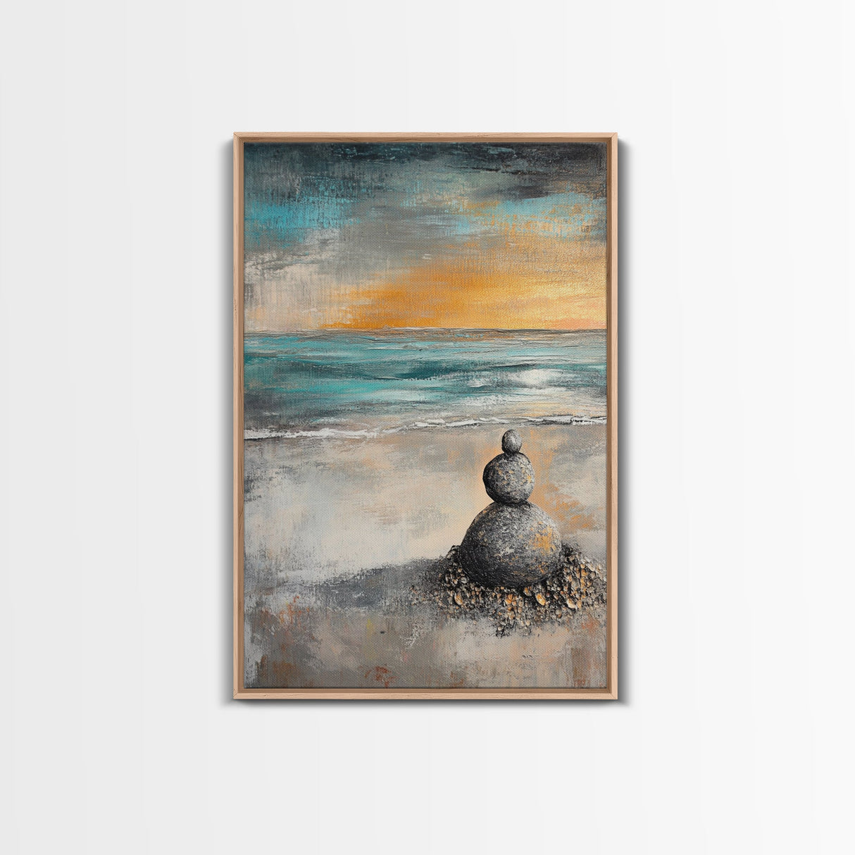 Zen Rock Stack Framed Canvas Print Coastal Wall Art, Beach Sunset Painting, Meditation Room Art, Tranquil Ocean Artwork, Boho Decor