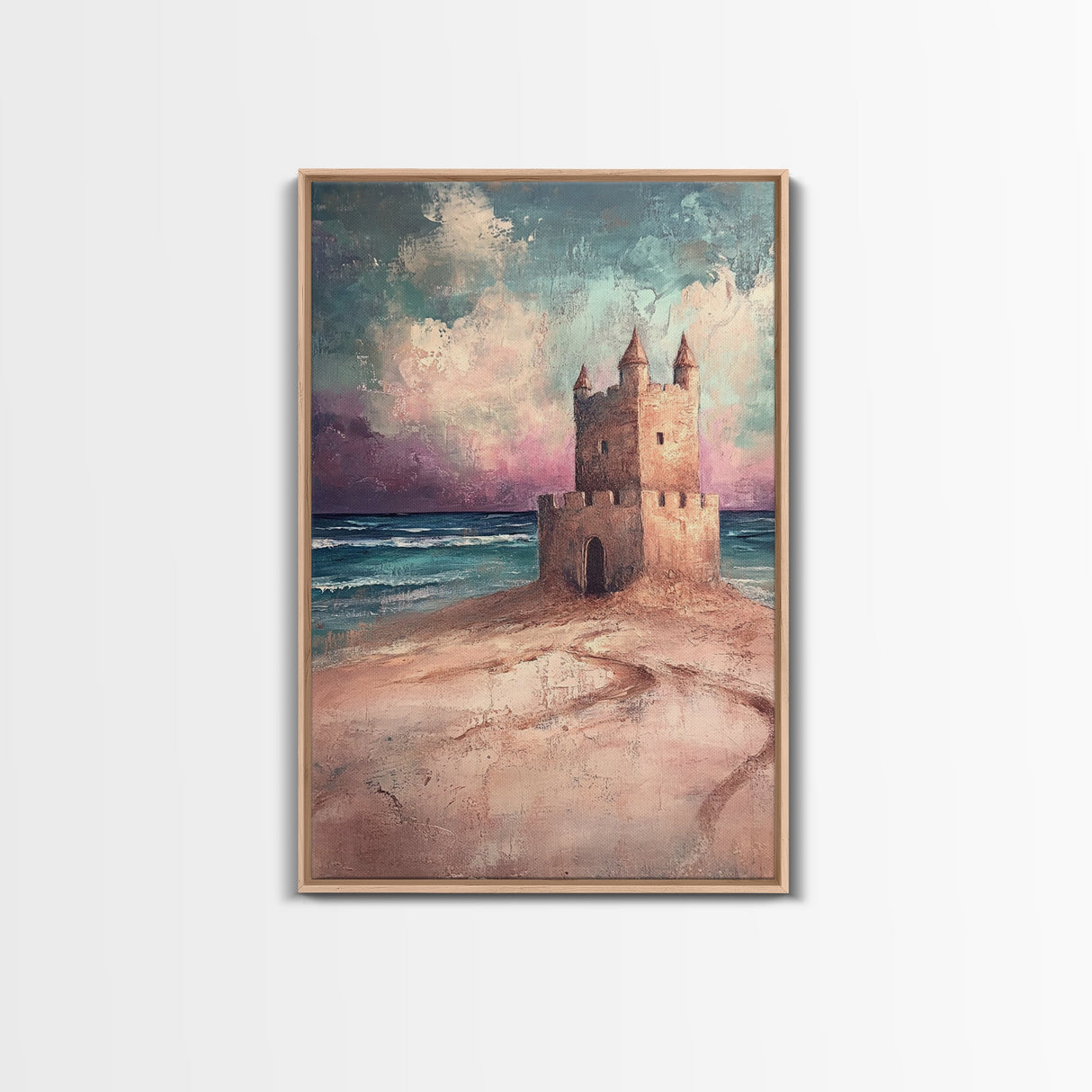Fantasy Castle Framed Canvas Print Dreamy Coastal Art, Whimsical Beach Painting, Living Room Wall Decor, Pastel Ocean Landscape