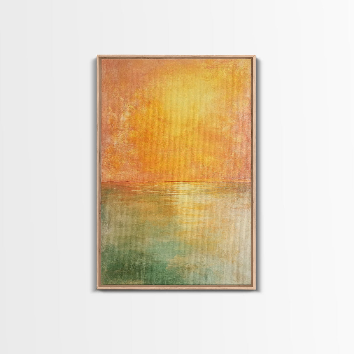 Golden Sunset Horizon Framed Canvas Print Warm Minimalist Wall Art, Serene Ocean Painting, Modern Living Room Decor, Calming Tones