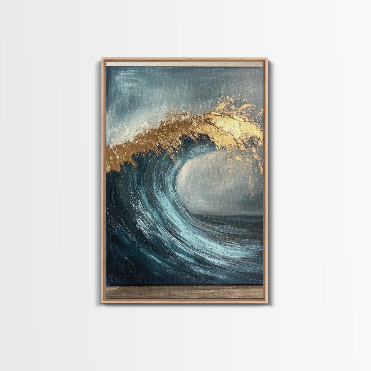 Majestic Ocean Wave Canvas Print Abstract Coastal Art, Gold and Blue Beach Wall Decor, Surfing Aesthetic, Living Room Accent