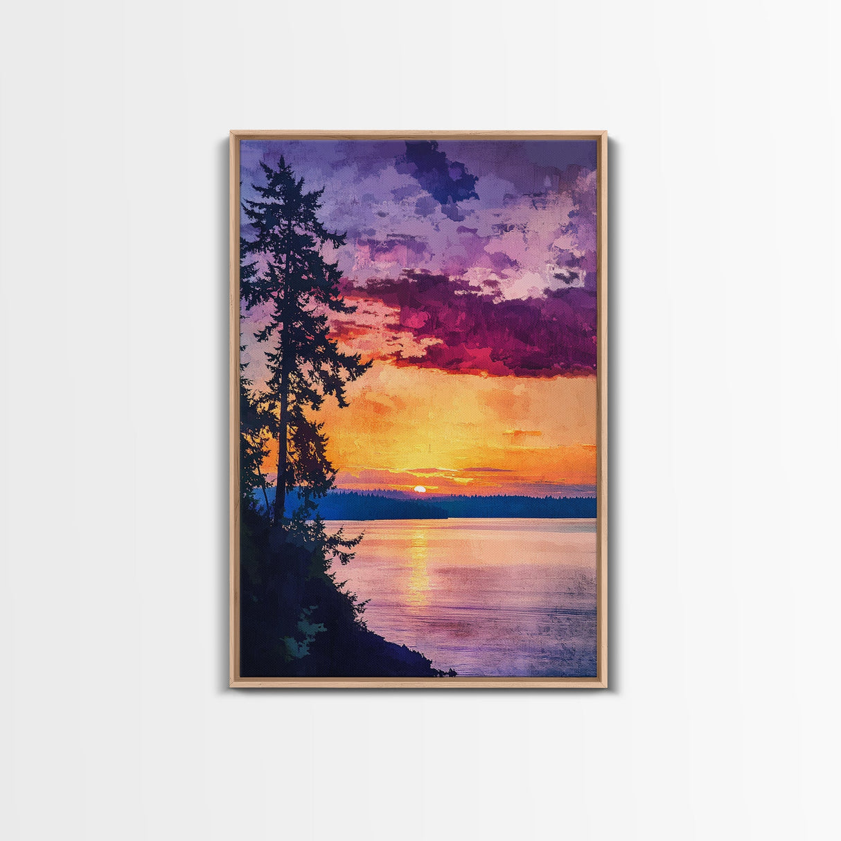 Serene Lakeside Sunset Canvas Print, Nature Wall Art, Water Reflection Painting, Tranquil Landscape Art, Peaceful Home Decor, Bedroom Art