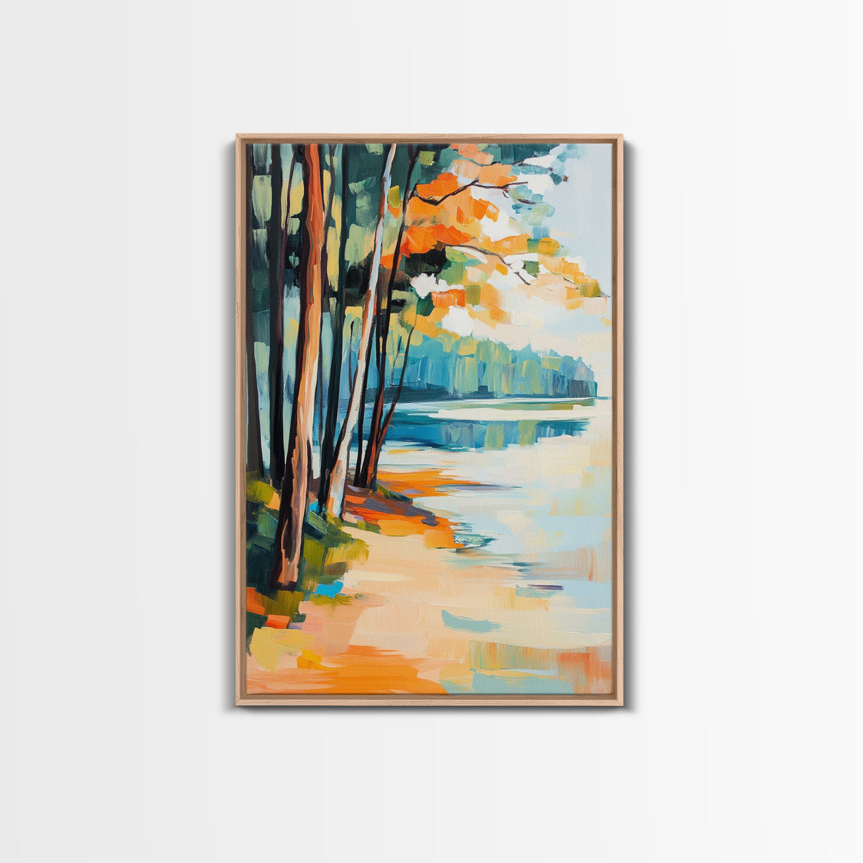 Lakeside Forest Art Framed Canvas Print Autumn Landscape Painting Serene Nature Wall Decor Warm Cozy Home Aesthetic Rustic Living Room