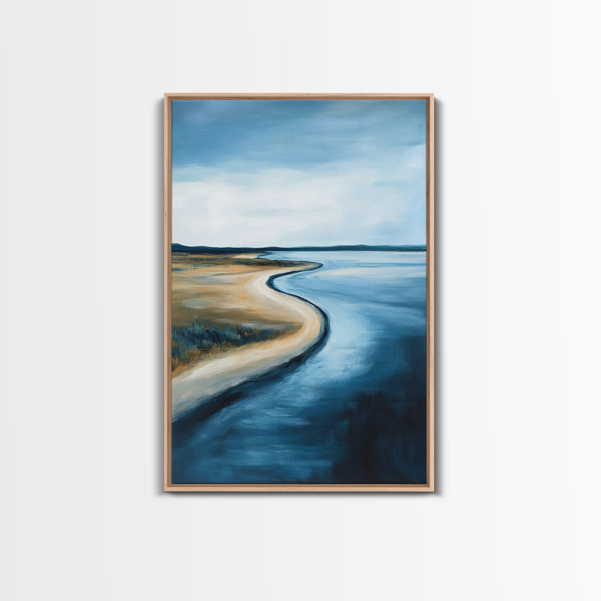 Serene Shoreline Framed Canvas Print Minimalist Coastal Landscape Wall Art, Beach Tranquility Painting, Nautical Home Decor