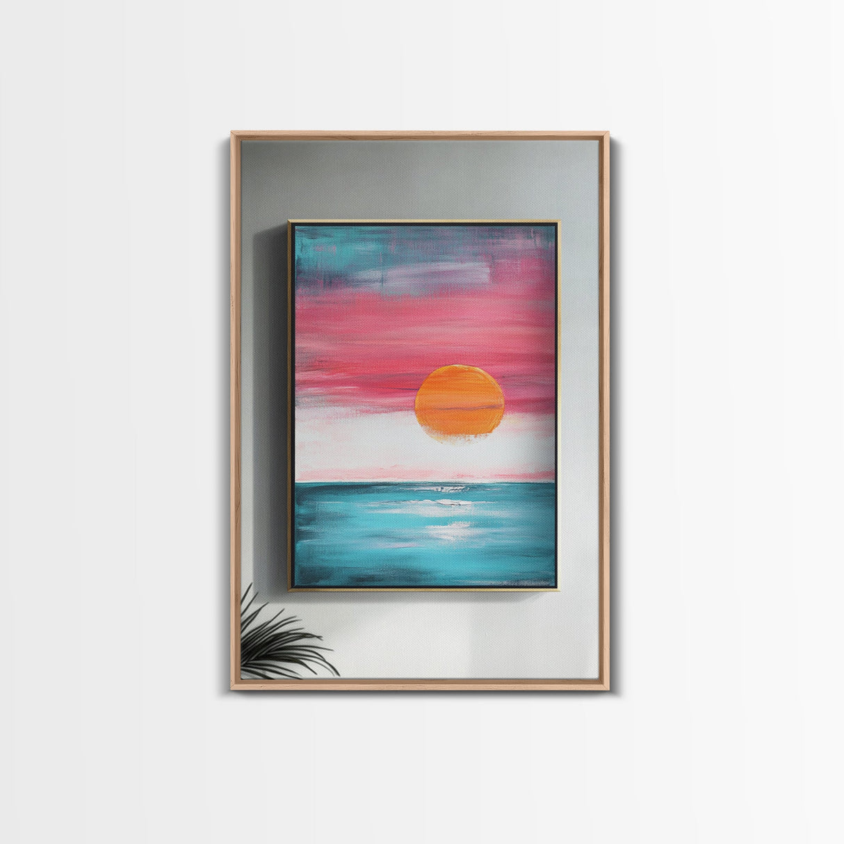 Sunset Horizon, pink orange wall art, nautical painting, coastal decor, above bed wall art, wabi sabi art, Framed Canvas Print, boho art
