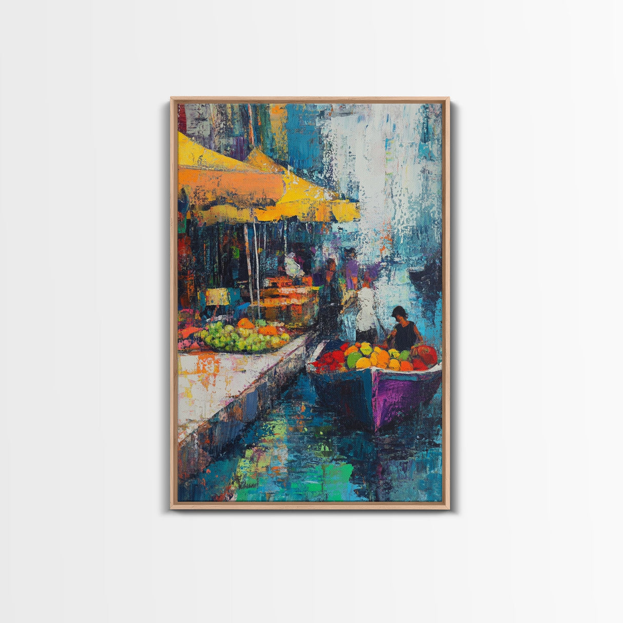 Market Boats, Coastal Decor, Nautical Painting, Vibrant Wall Art, Rustic Art, Canvas Print, Extra Wide Art, Living Room Art