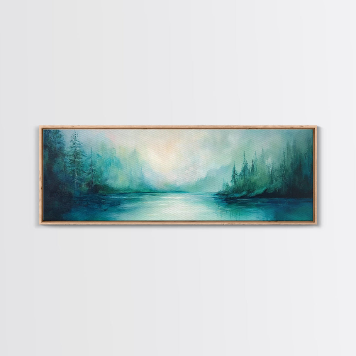Forest Lake Morning Framed Canvas Print Calm Nature Art, Misty Green Landscape, Cabin Wall Decor, Peaceful Living Room Artwork
